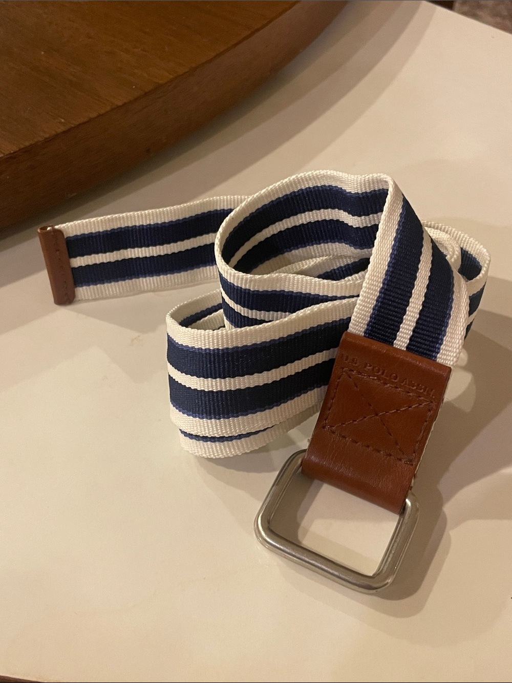 US Polo Assn Striped Web Belt 36 Navy White Leather Trim Preppy